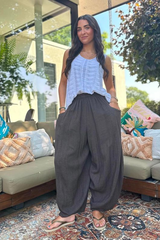 Sandbar Linen Blend Bloom Barrel Pant Chocolate